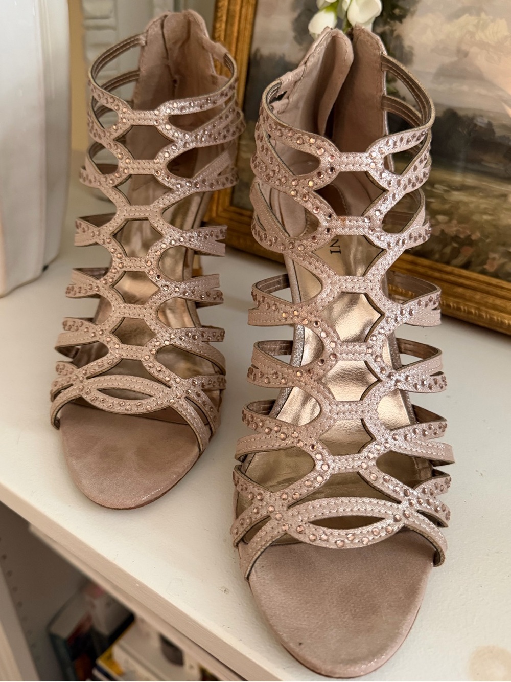 Alfani Rose Gold Strappy Rhinestone Cutout Heels